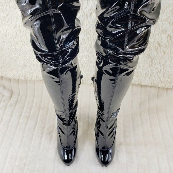 Stretch Patent Black 6" High Heel Platform Thigh High Crotch Boots Sultry - Picture 5 of 8
